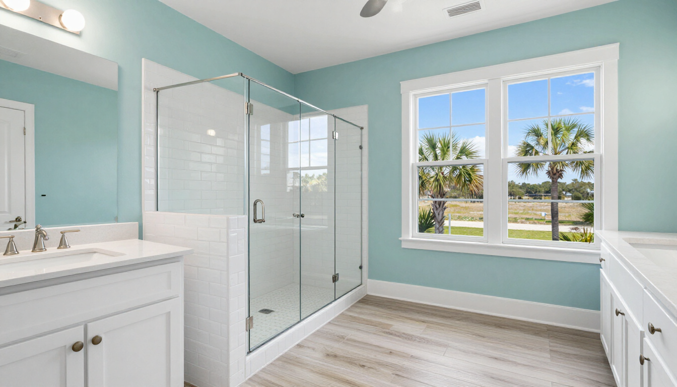 Newly remodeled coastal vacation home bathroom in Gulf Shores with walk-in shower, white subway tile, quartz vanity, and aqua accent wall